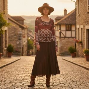 Mexx Patchwork Paisley Sheer Mesh Long Bell Sleeve Square Neck Top Womens Large